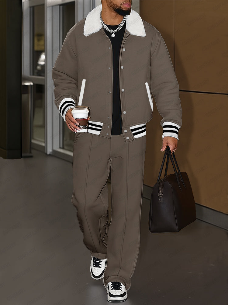 Urban Casual Plush Trim Jacket Pants Set