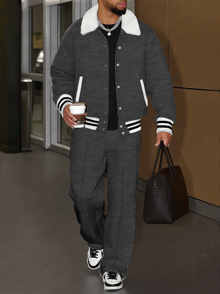 Urban Casual Plush Trim Jacket Pants Set