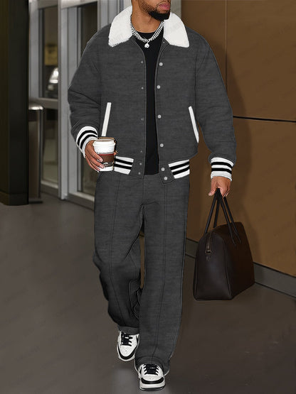 Urban Casual Plush Trim Jacket Pants Set